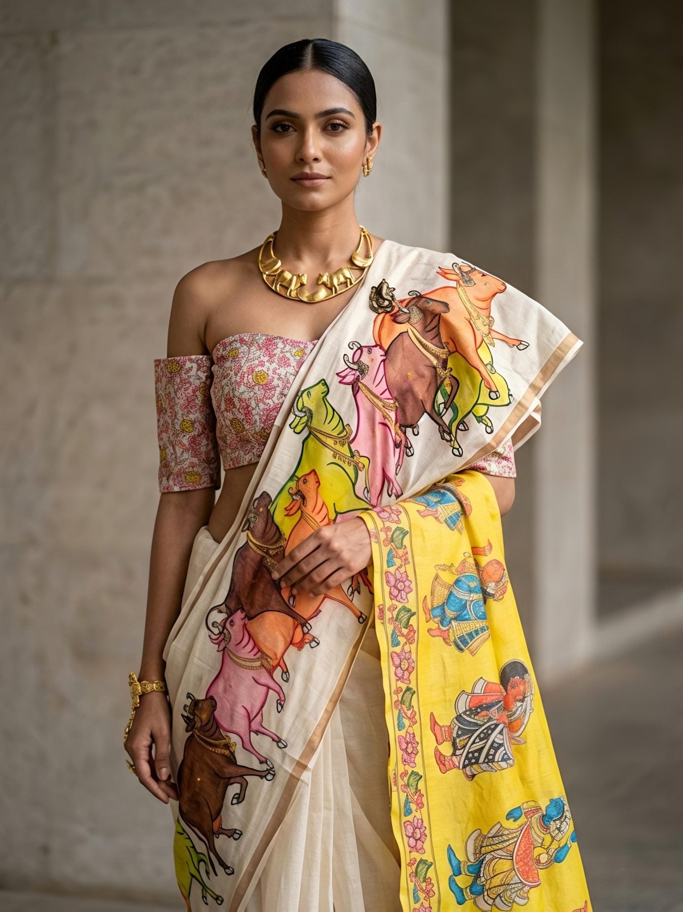 Cream Silk Saree - blouse and border close-up