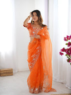 Orange Organza Saree - drape and pallu detail