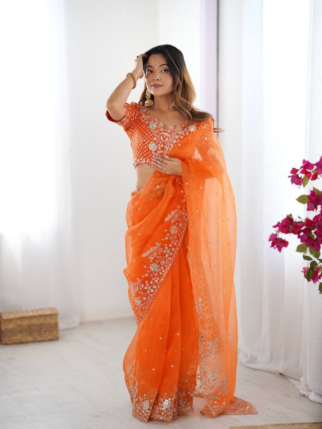 Orange Organza Saree - drape and pallu detail