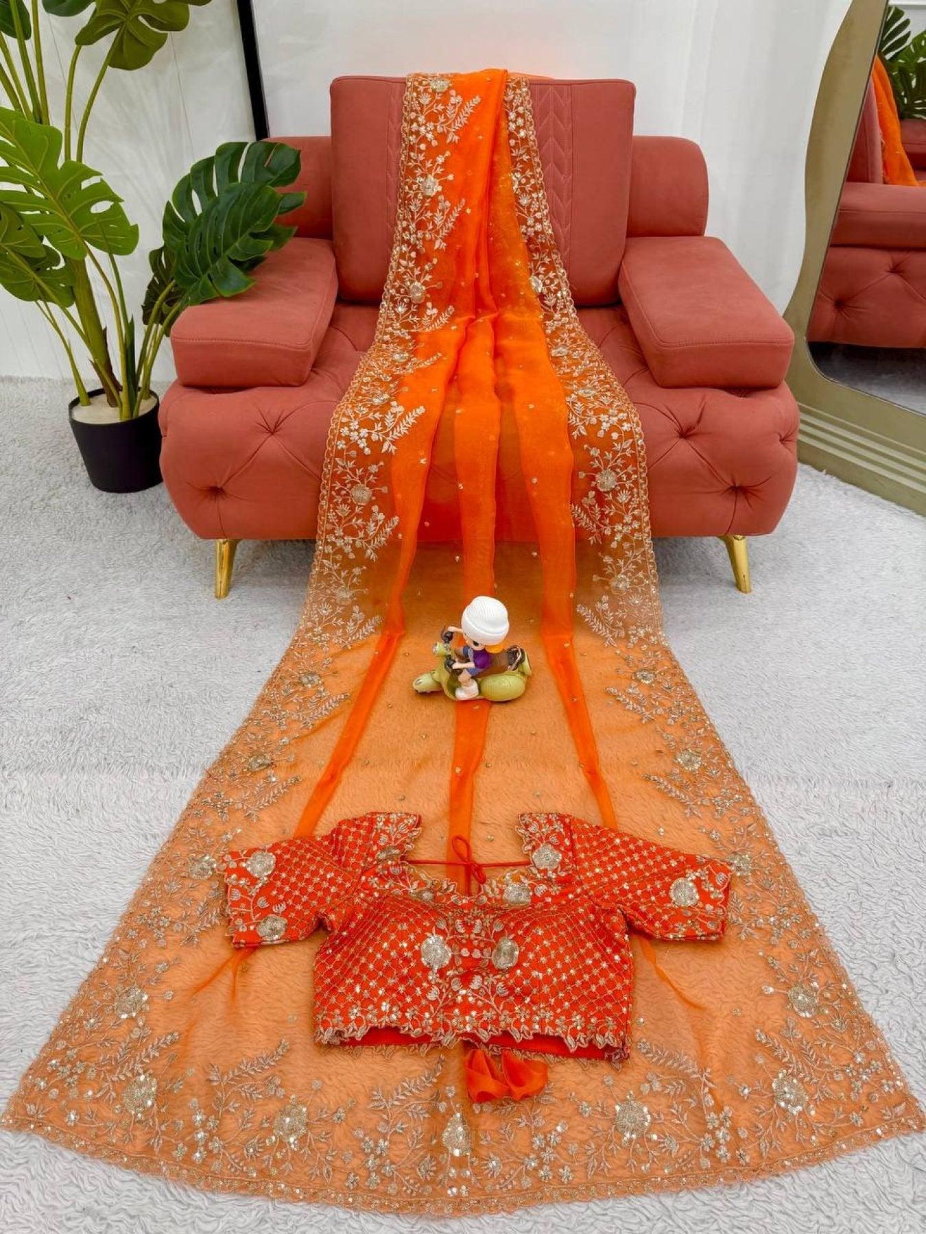 Orange Organza Saree - detail view 11