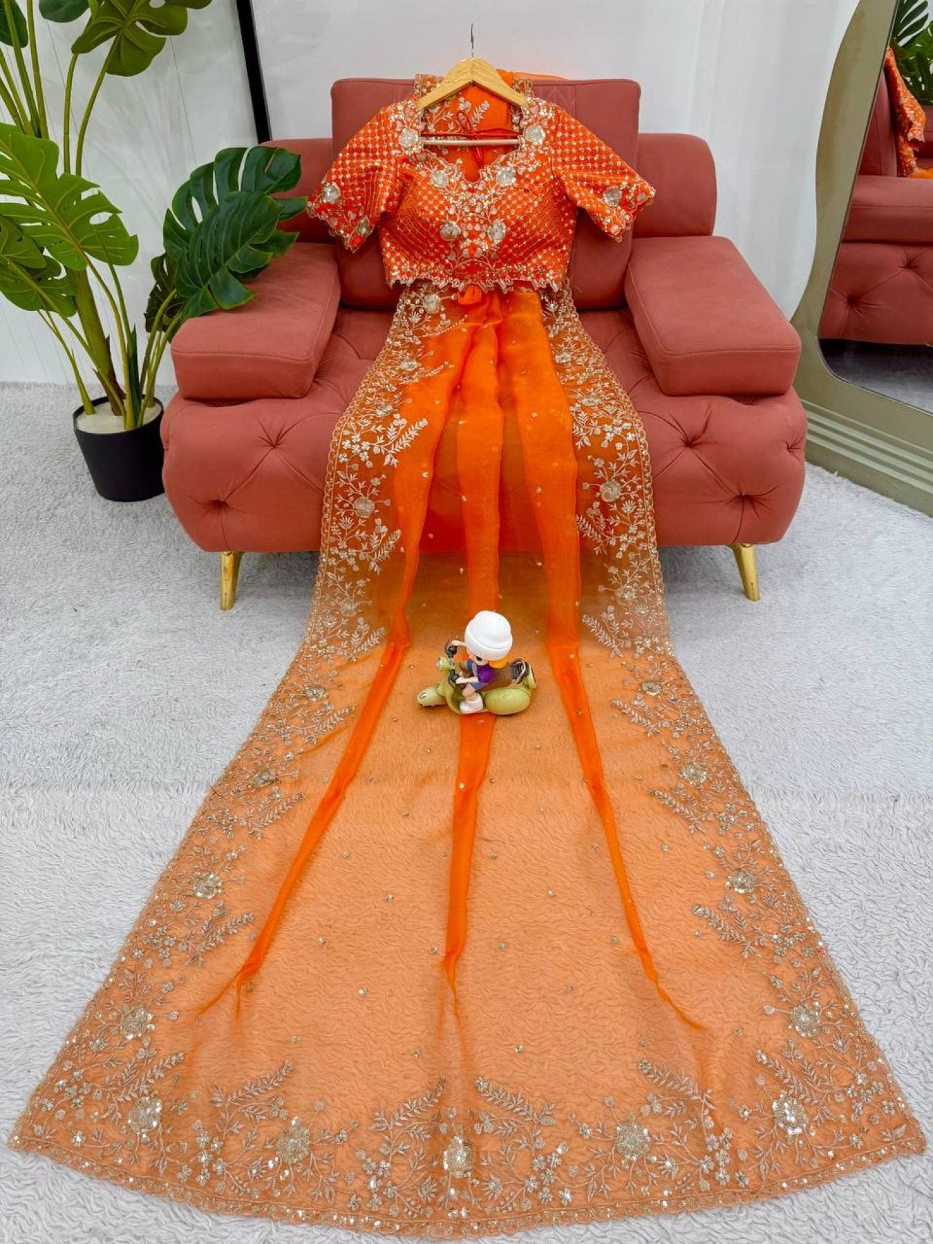 Orange Organza Saree - detail view 12