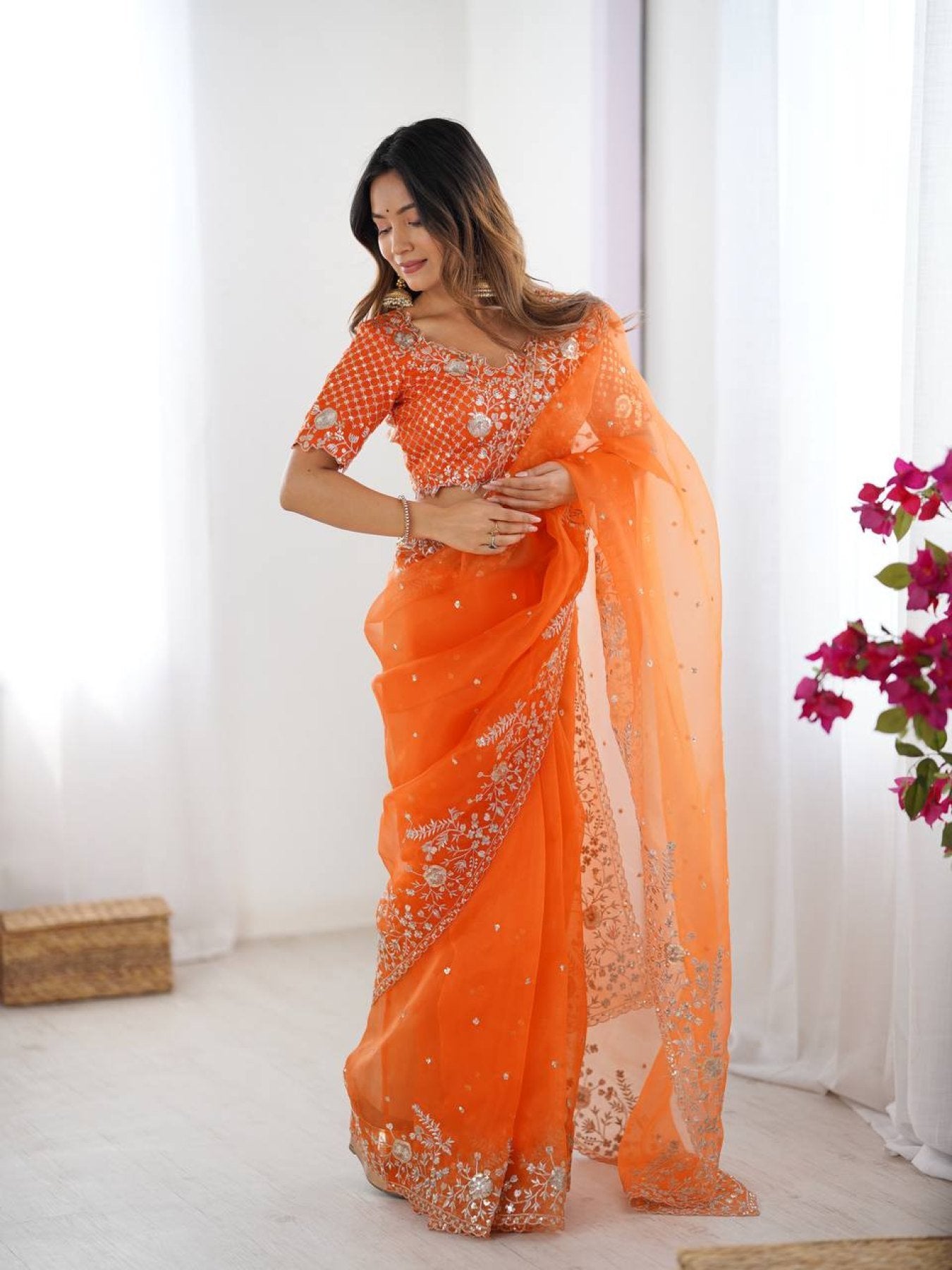 Orange Organza Saree - side drape view