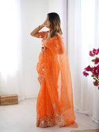 Orange Organza Saree - blouse and border close-up