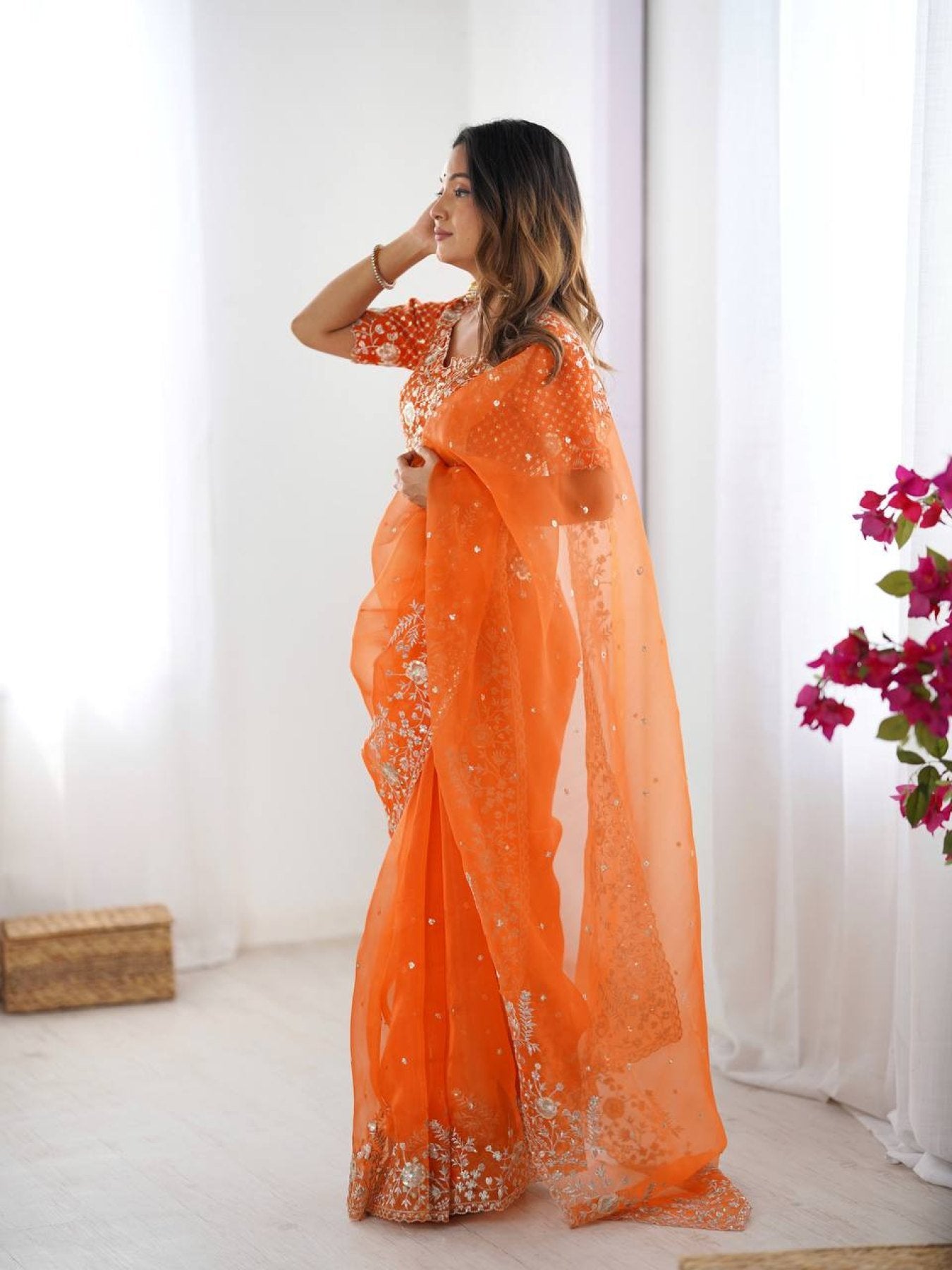 Orange Organza Saree - blouse and border close-up