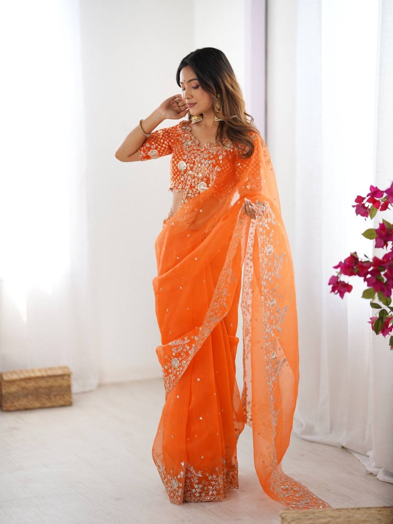 Orange Organza Saree - fabric texture close-up