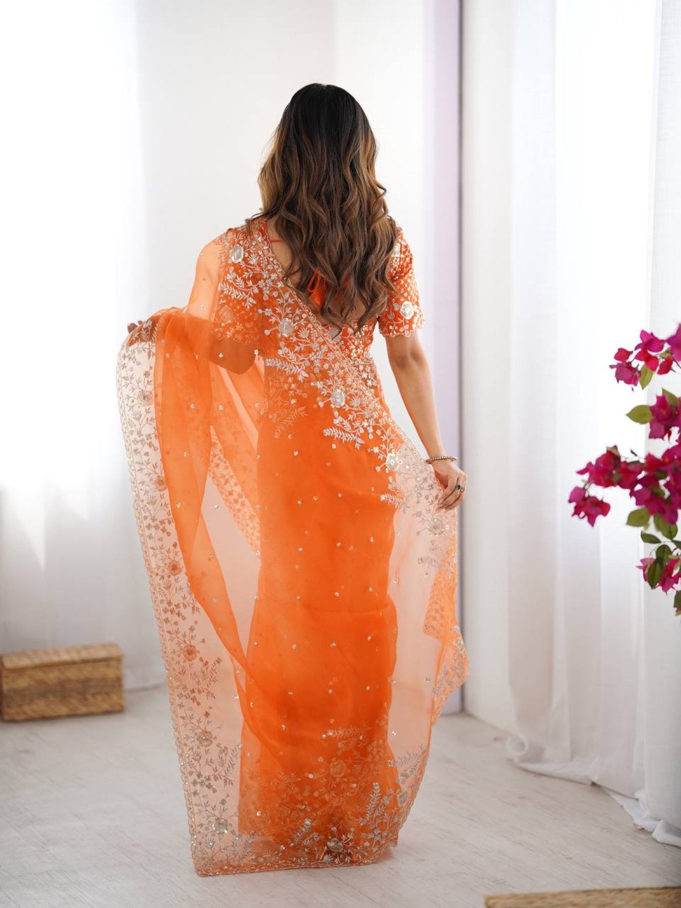 Orange Organza Saree - Embroidery embroidery work detail