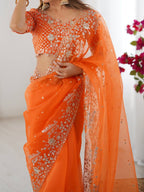 Orange Organza Saree - Embroidery pallu design detail