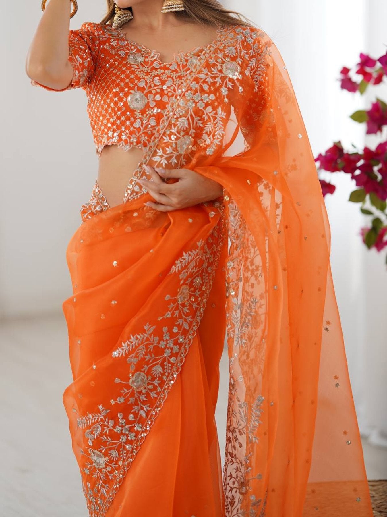 Orange Organza Saree - Embroidery pallu design detail