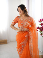 Orange Organza Saree - Embroidery back view