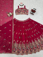 Pink Rani Faux Georgette Lehenga Choli with Coding Dori Sequins Work full drape view