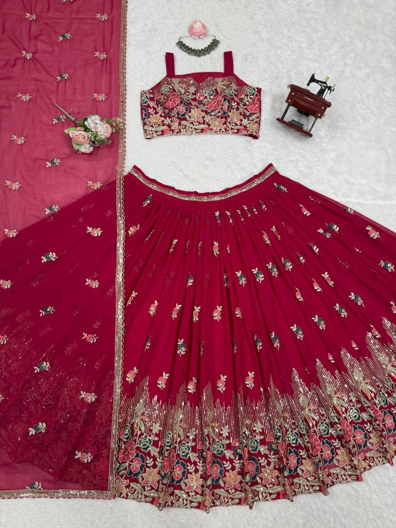 Pink Rani Faux Georgette Lehenga Choli with Coding Dori Sequins Work full drape view