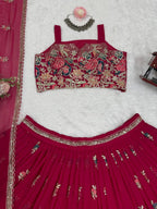 Pink Rani Faux Georgette Lehenga Choli with Coding Dori Sequins Work blouse and dupatta detail