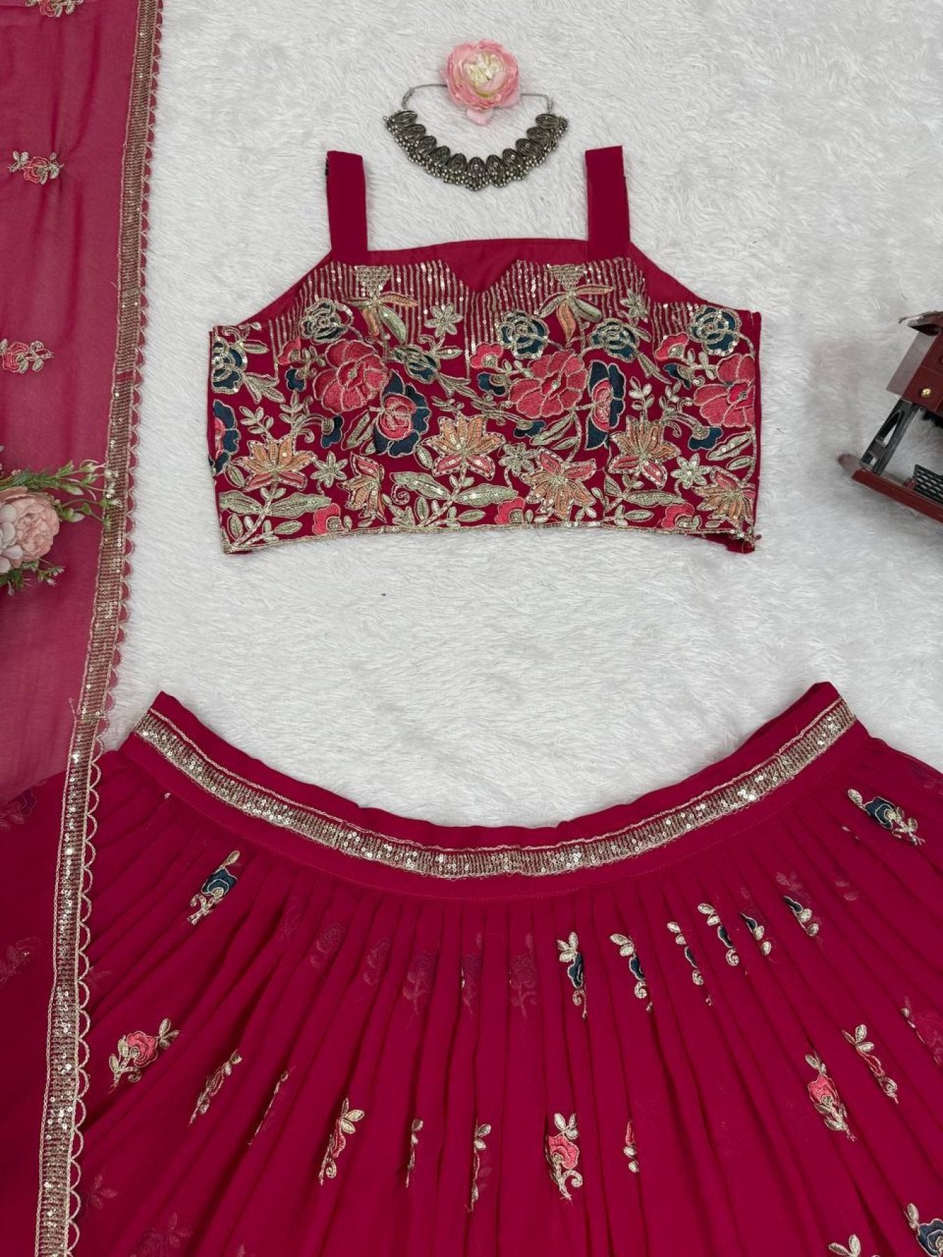 Pink Rani Faux Georgette Lehenga Choli with Coding Dori Sequins Work blouse and dupatta detail