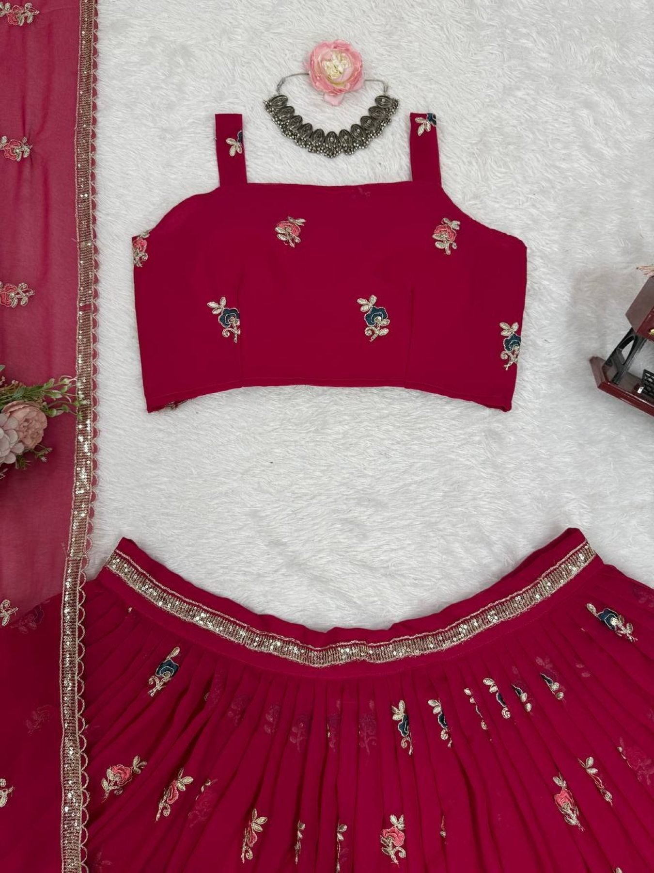 Pink Rani Faux Georgette Lehenga Choli with Coding Dori Sequins Work embroidery close-up