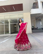Pink Rani Faux Georgette Lehenga Choli with Coding Dori Sequins Work full drape view