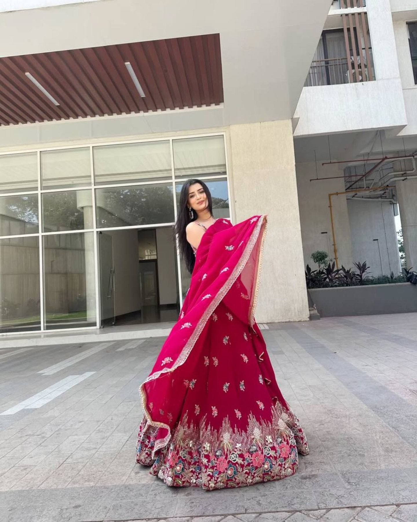 Pink Rani Faux Georgette Lehenga Choli with Coding Dori Sequins Work full drape view