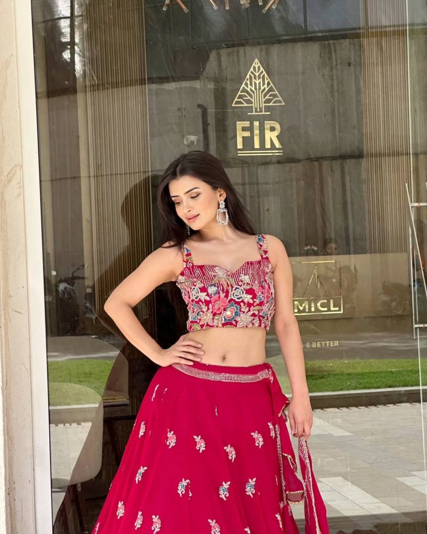Pink Rani Faux Georgette Lehenga Choli with Coding Dori Sequins Work blouse and dupatta detail