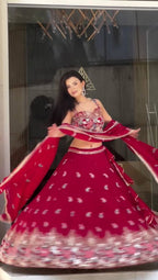 Pink Rani Faux Georgette Lehenga Choli with Coding Dori Sequins Work fabric texture detail