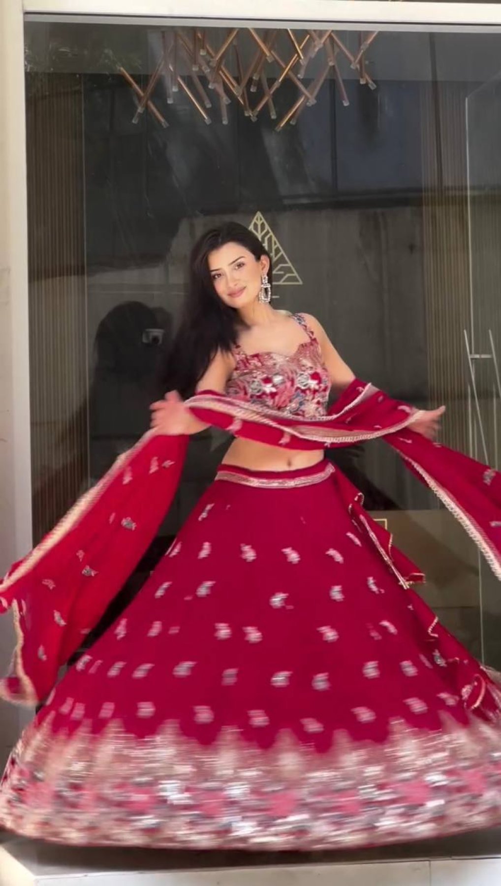 Pink Rani Faux Georgette Lehenga Choli with Coding Dori Sequins Work fabric texture detail