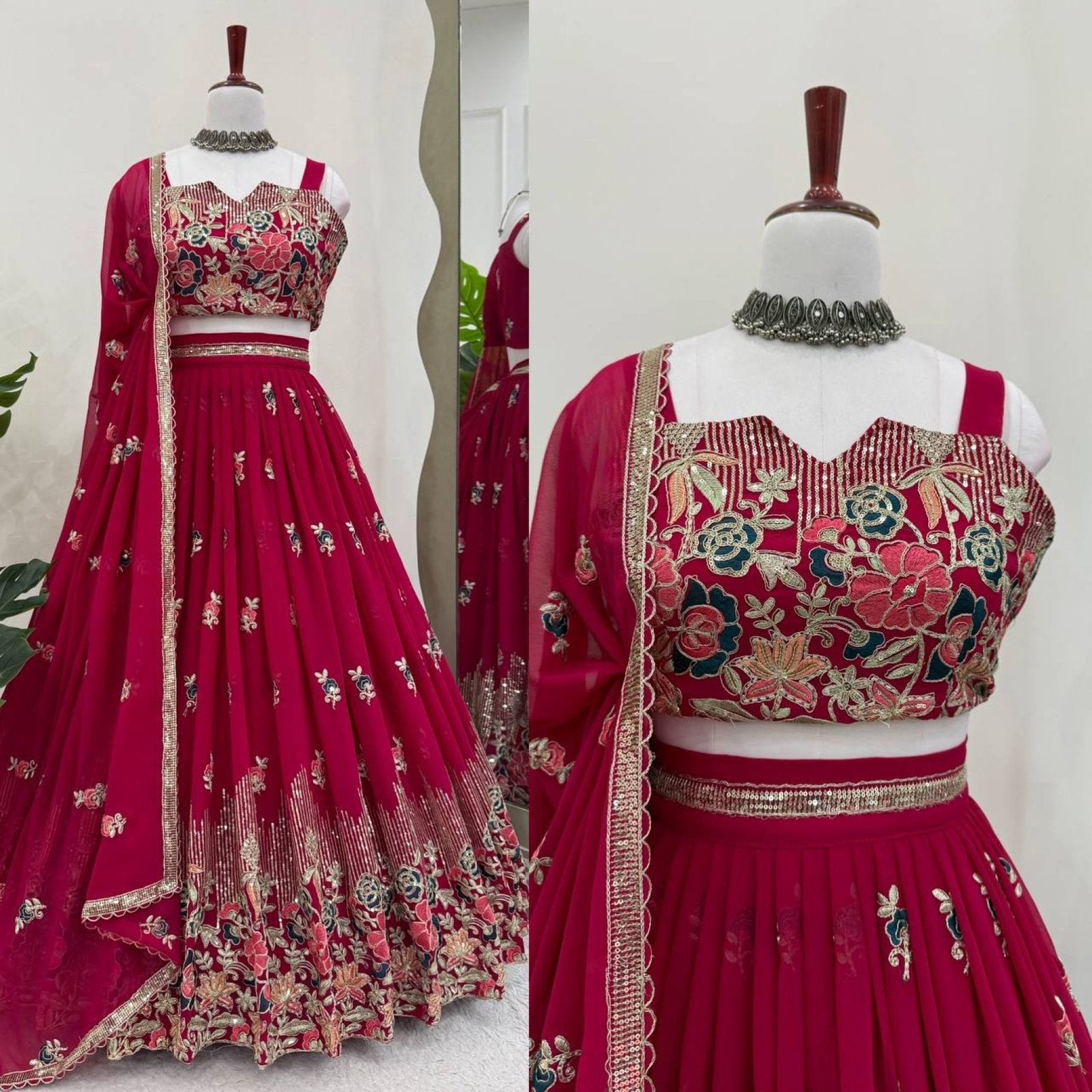 Pink Rani Faux Georgette Lehenga Choli with Coding Dori Sequins Work back view