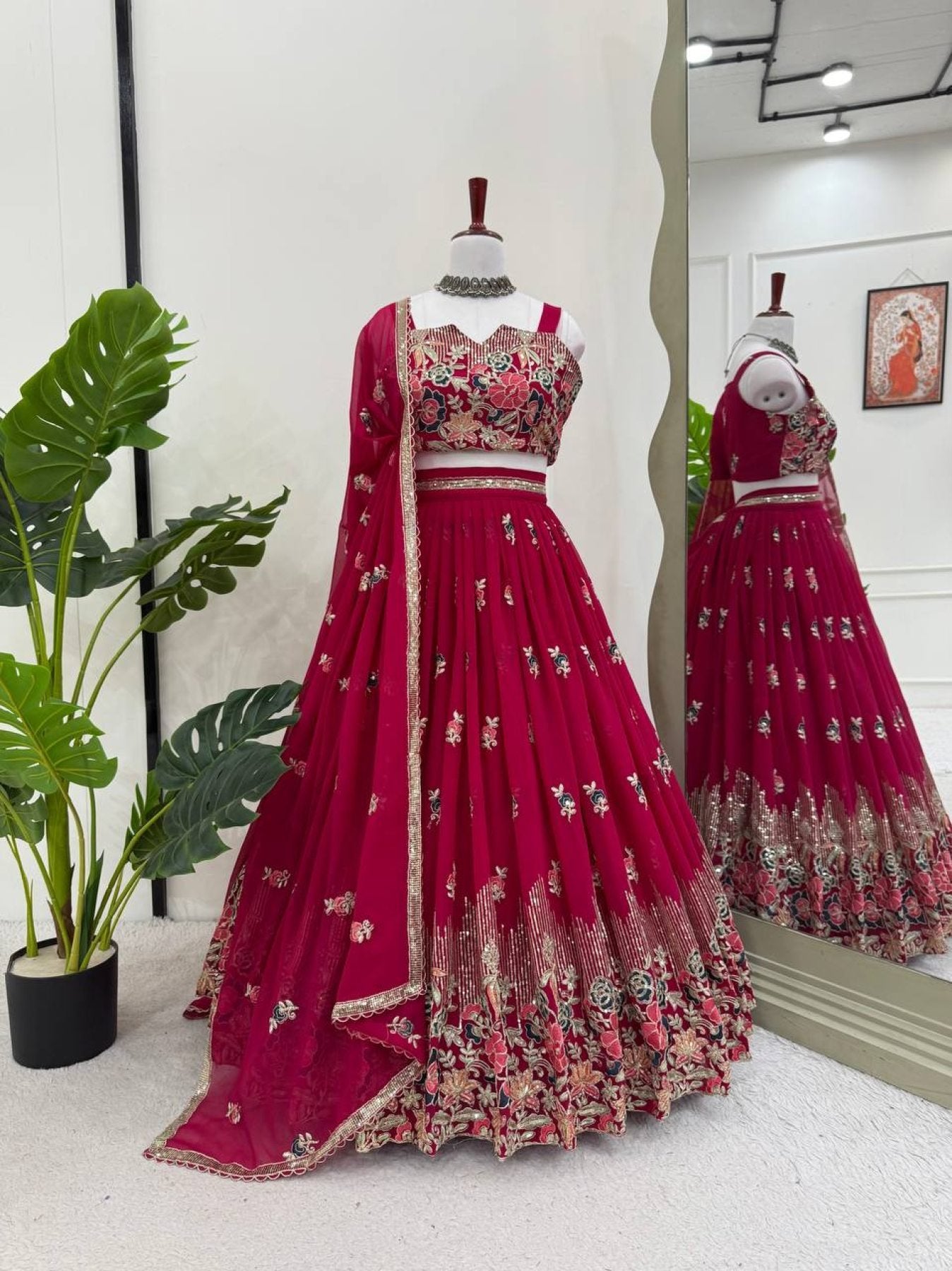 Pink Rani Faux Georgette Lehenga Choli with Coding Dori Sequins Work styling view
