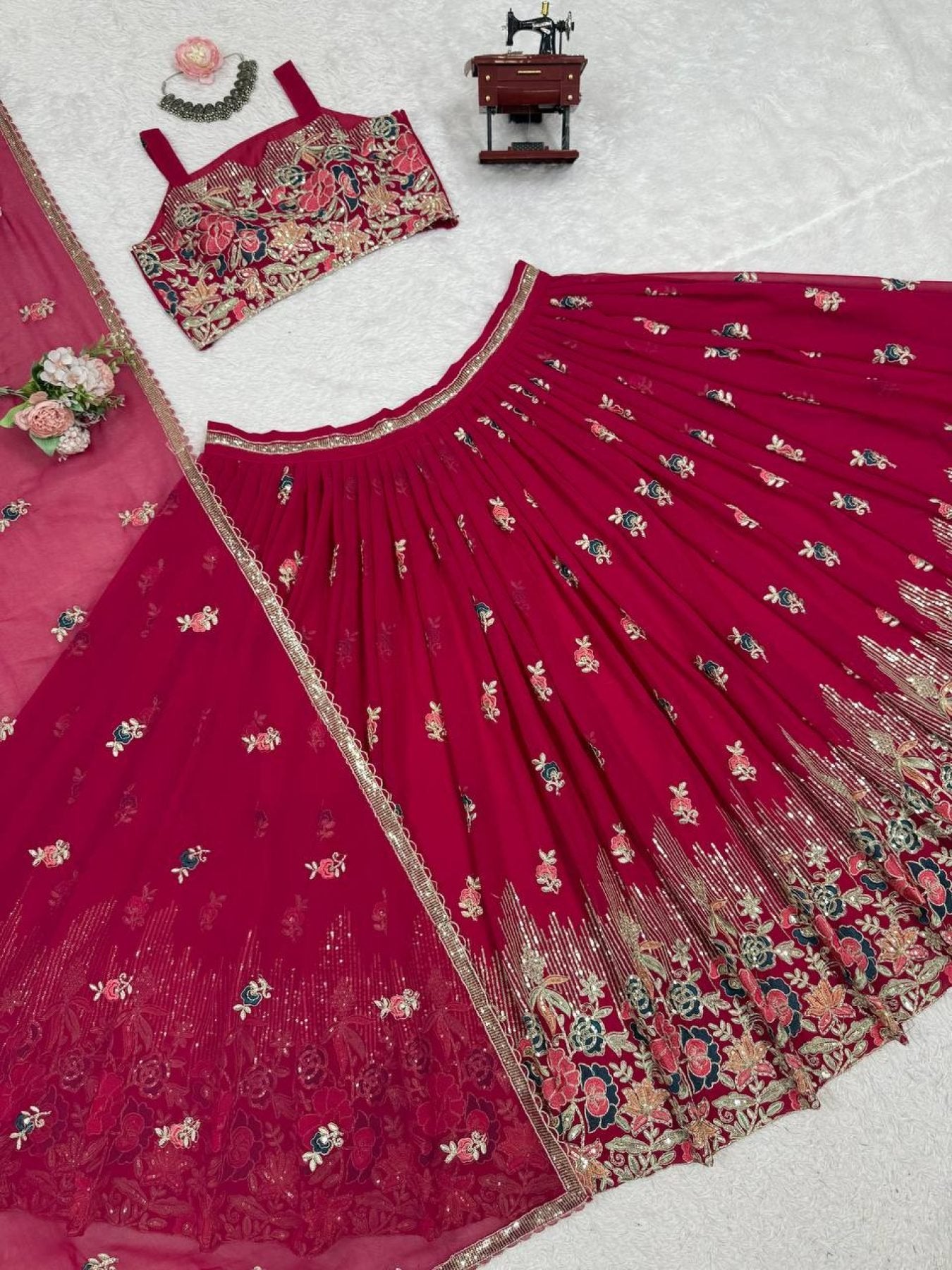 Pink Rani Faux Georgette Lehenga Choli with Coding Dori Sequins Work front view