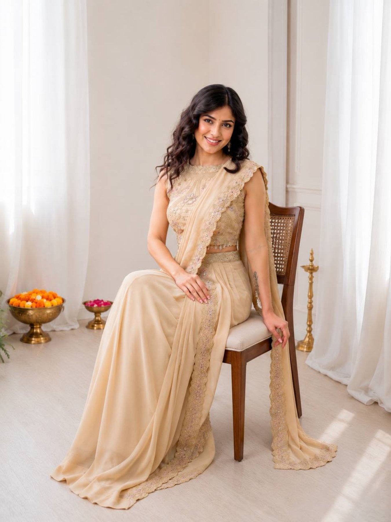 Cream Attached Pallu Lehenga Collection full drape view