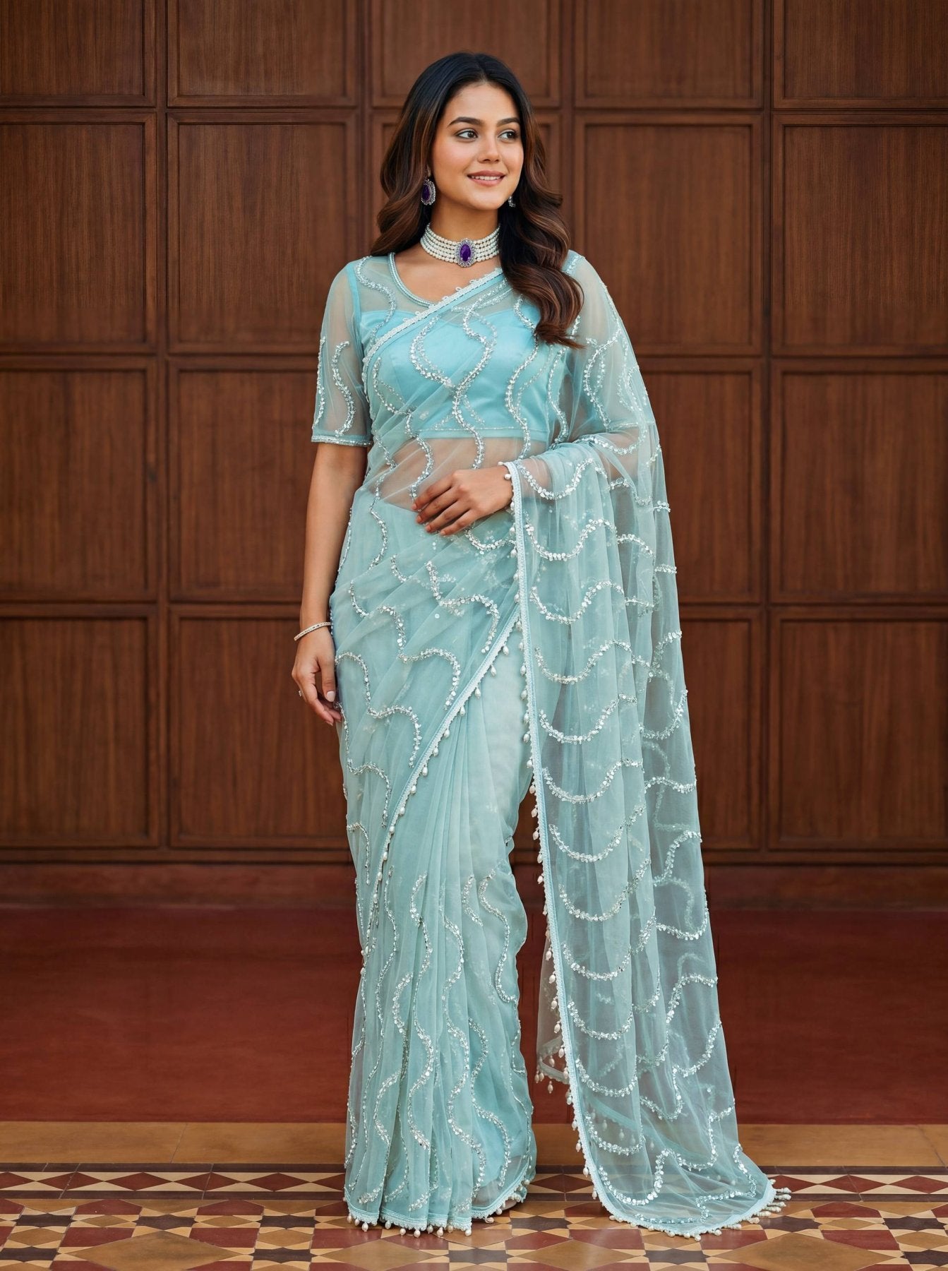 Blue Saree - drape and pallu detail
