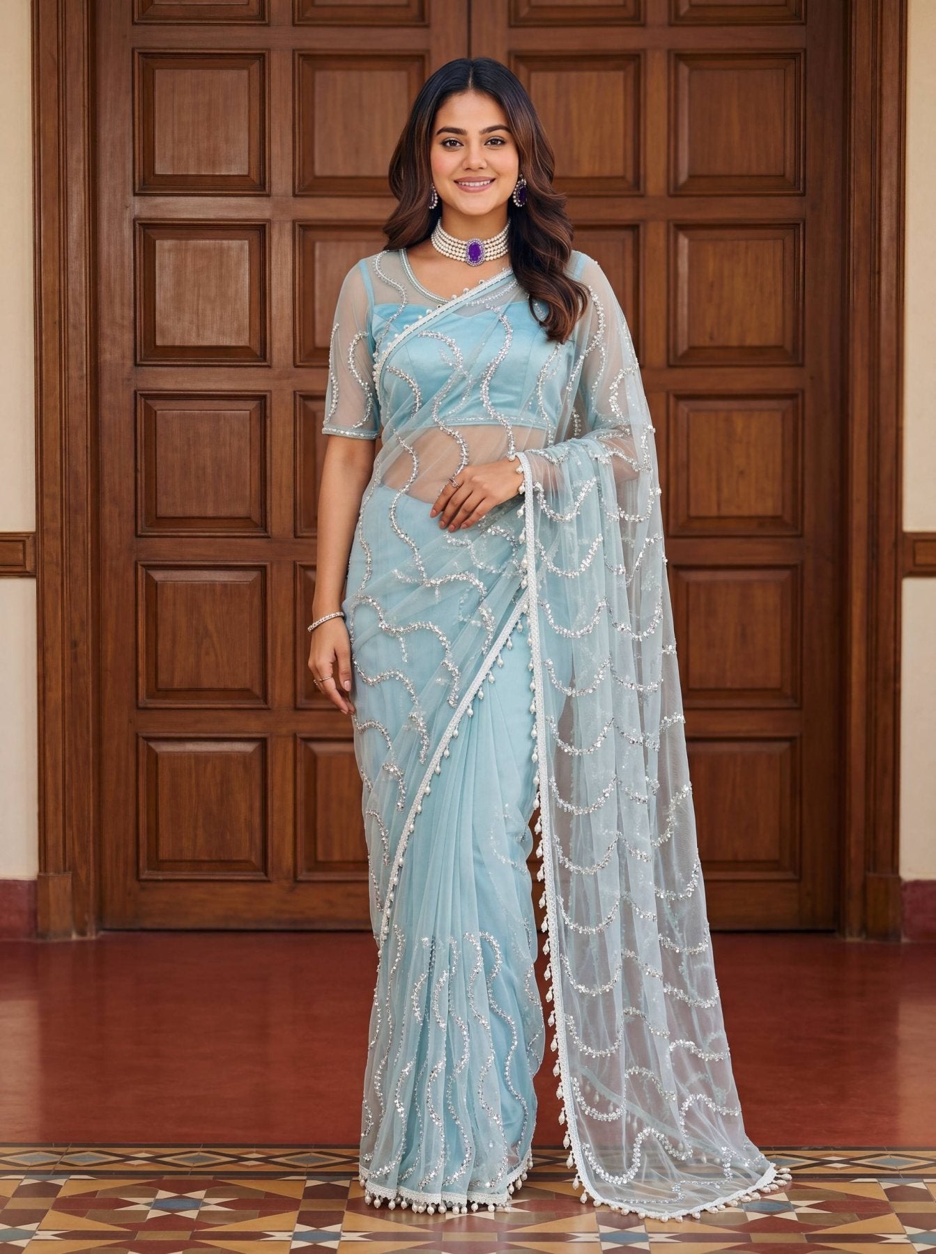 Blue Saree - side drape view