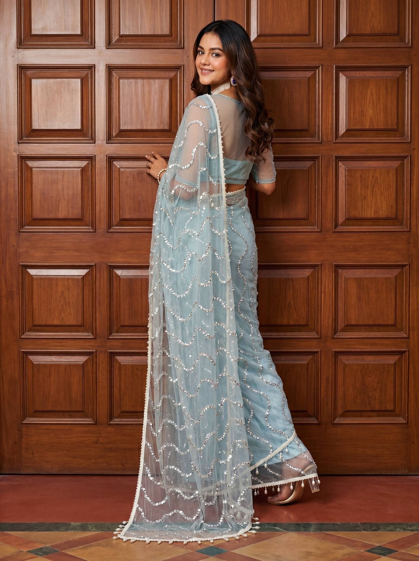 Blue Saree - Beads embroidery work detail