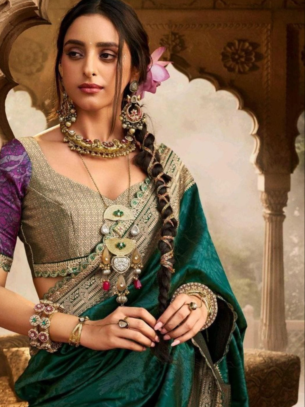 Green Banarasi Saree for women - full front view | Snyvia