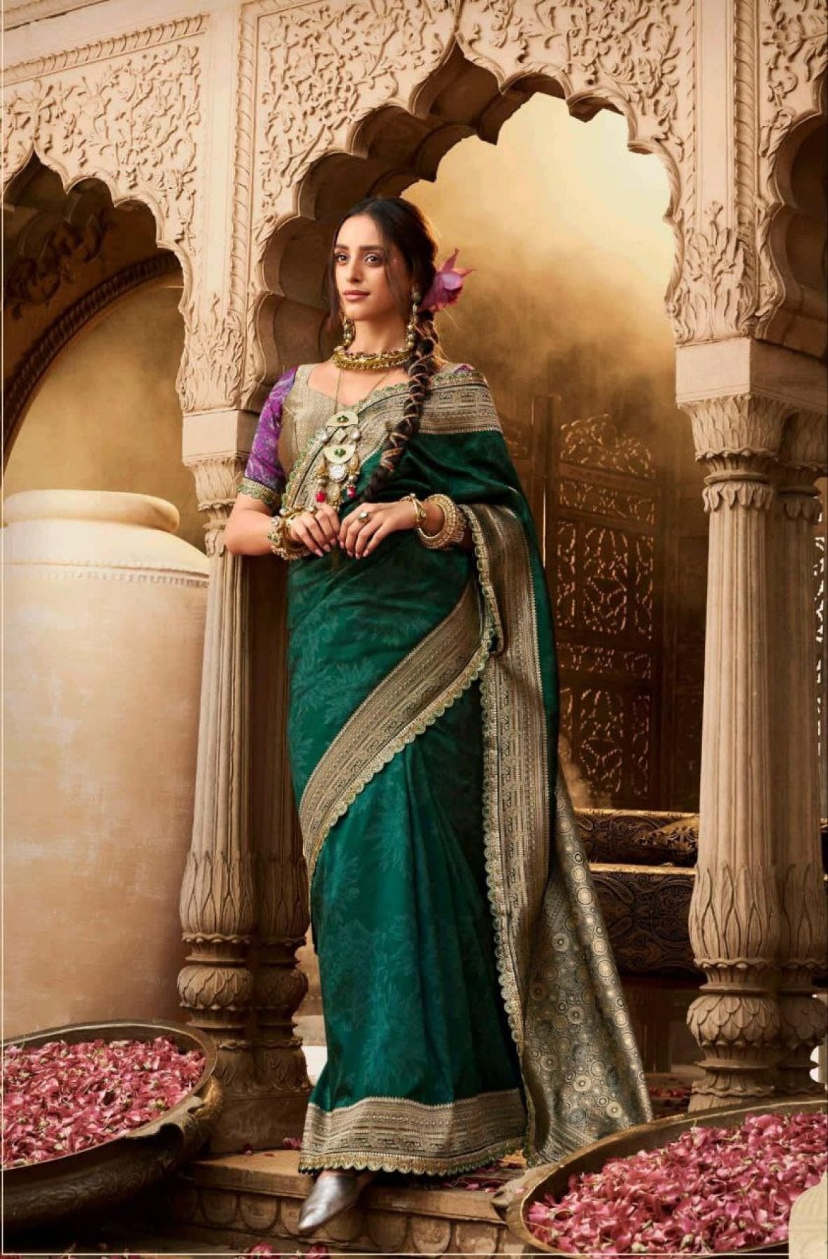Green Banarasi Saree - blouse and border close-up