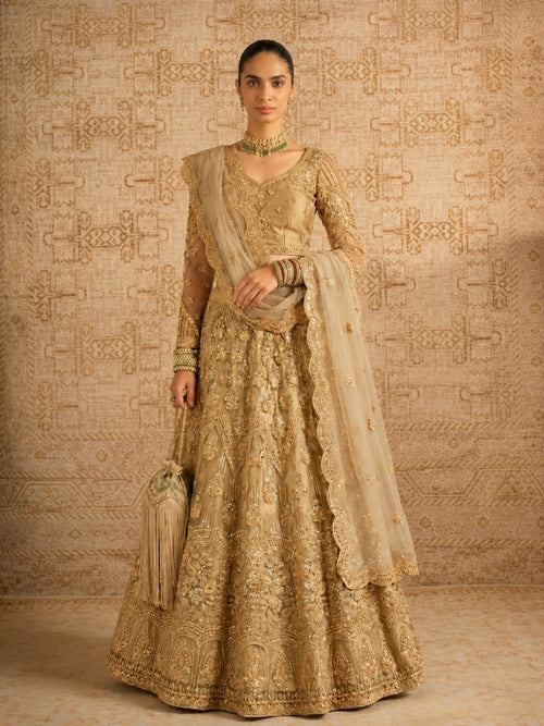 Golden Butterfly Net Lehenga Choli with Banglori Silk Inner for Bridal Wear for women | Snyvia
