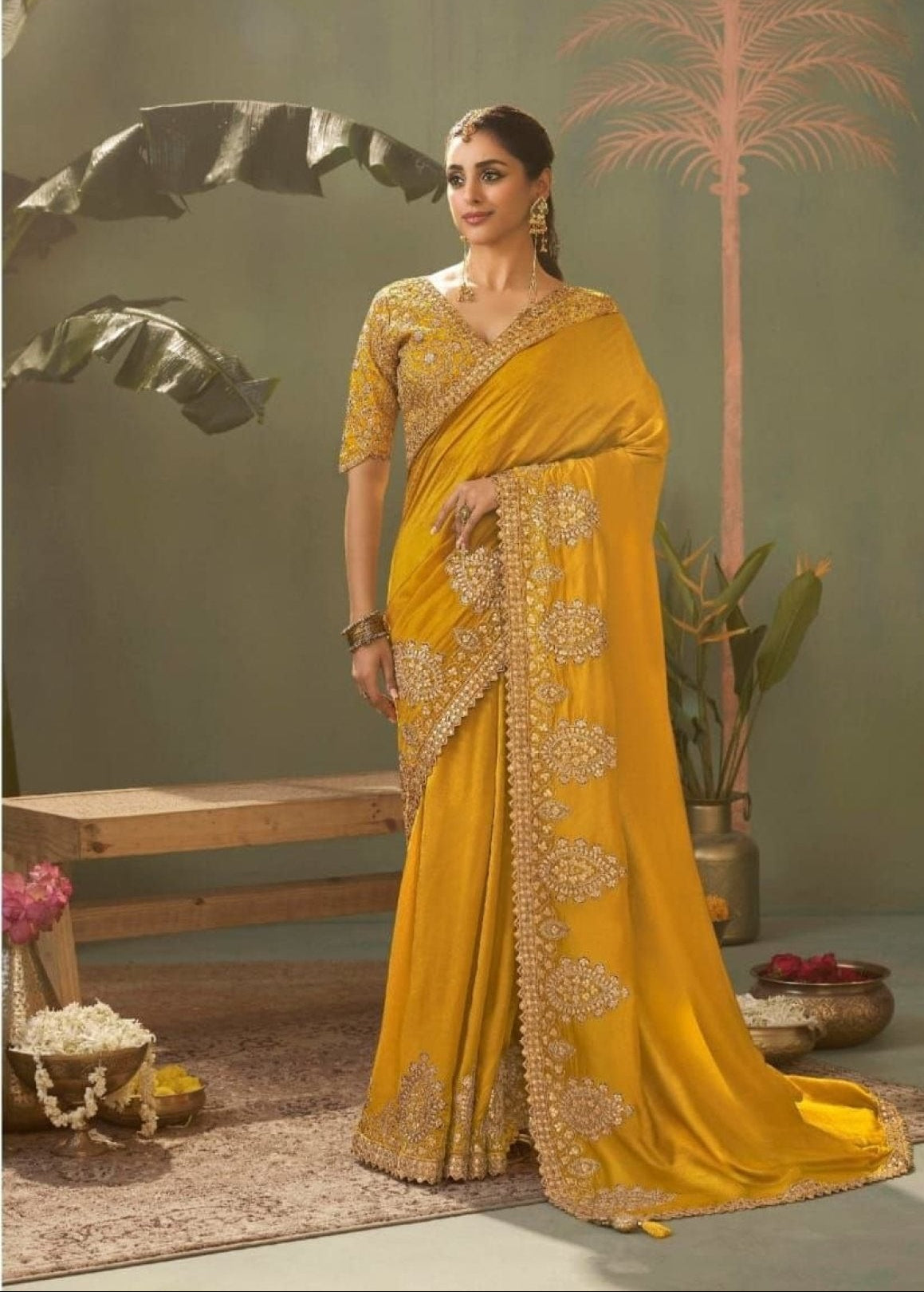 Yellow Silk Saree - side drape view