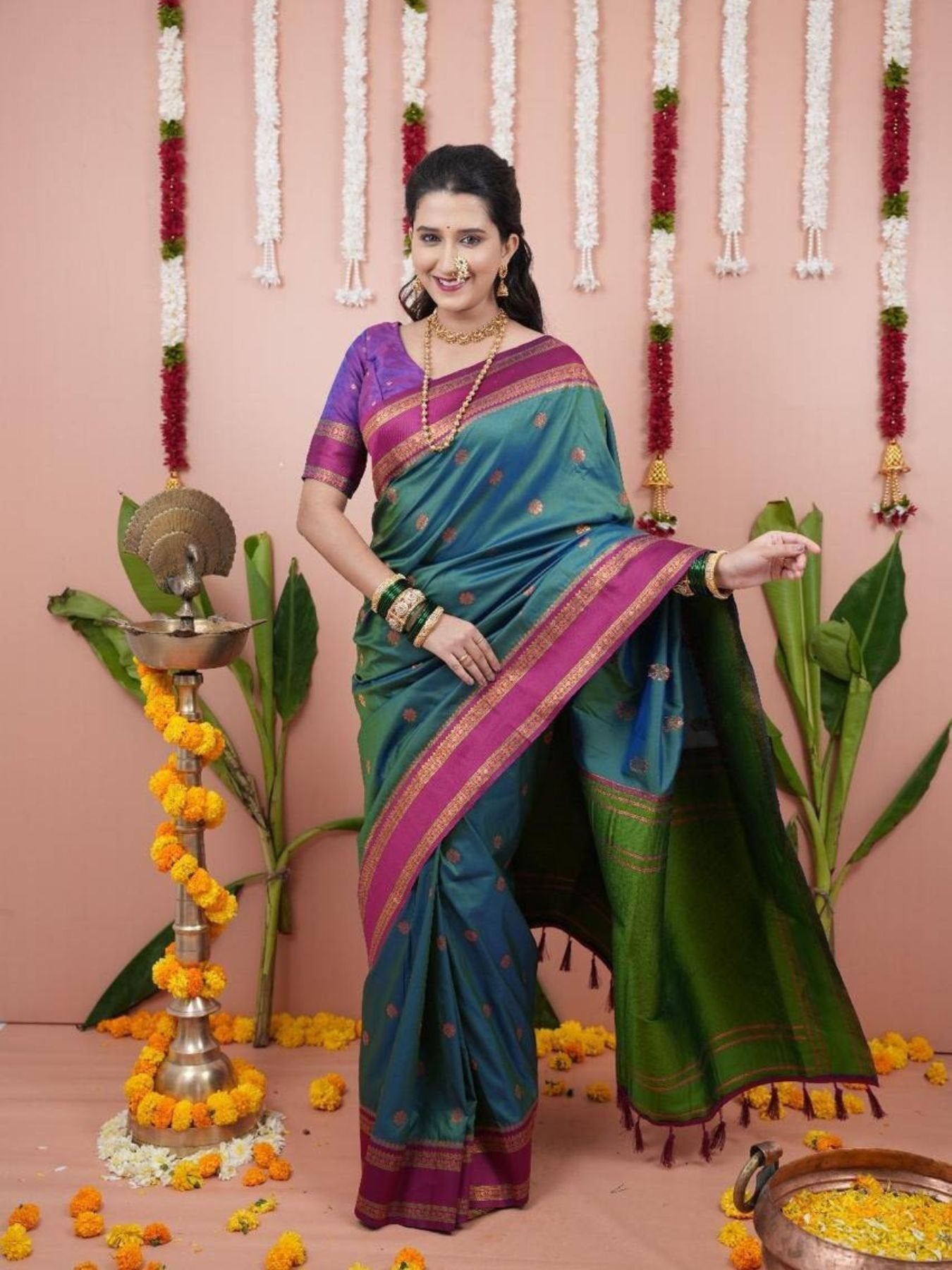 Green Silk Saree for women - full front view | Snyvia