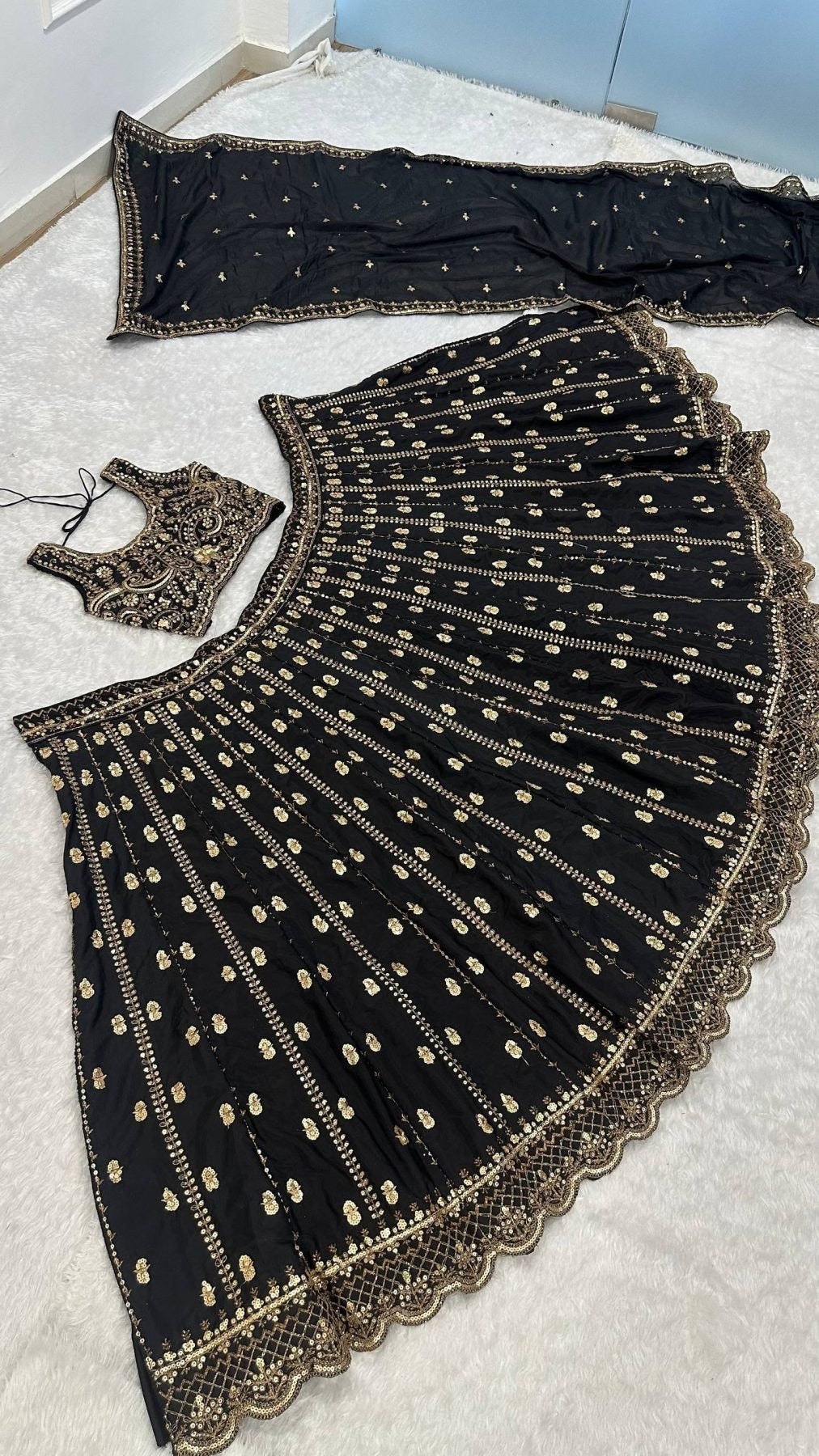 Gold Lehenga with Dupatta embroidery close-up