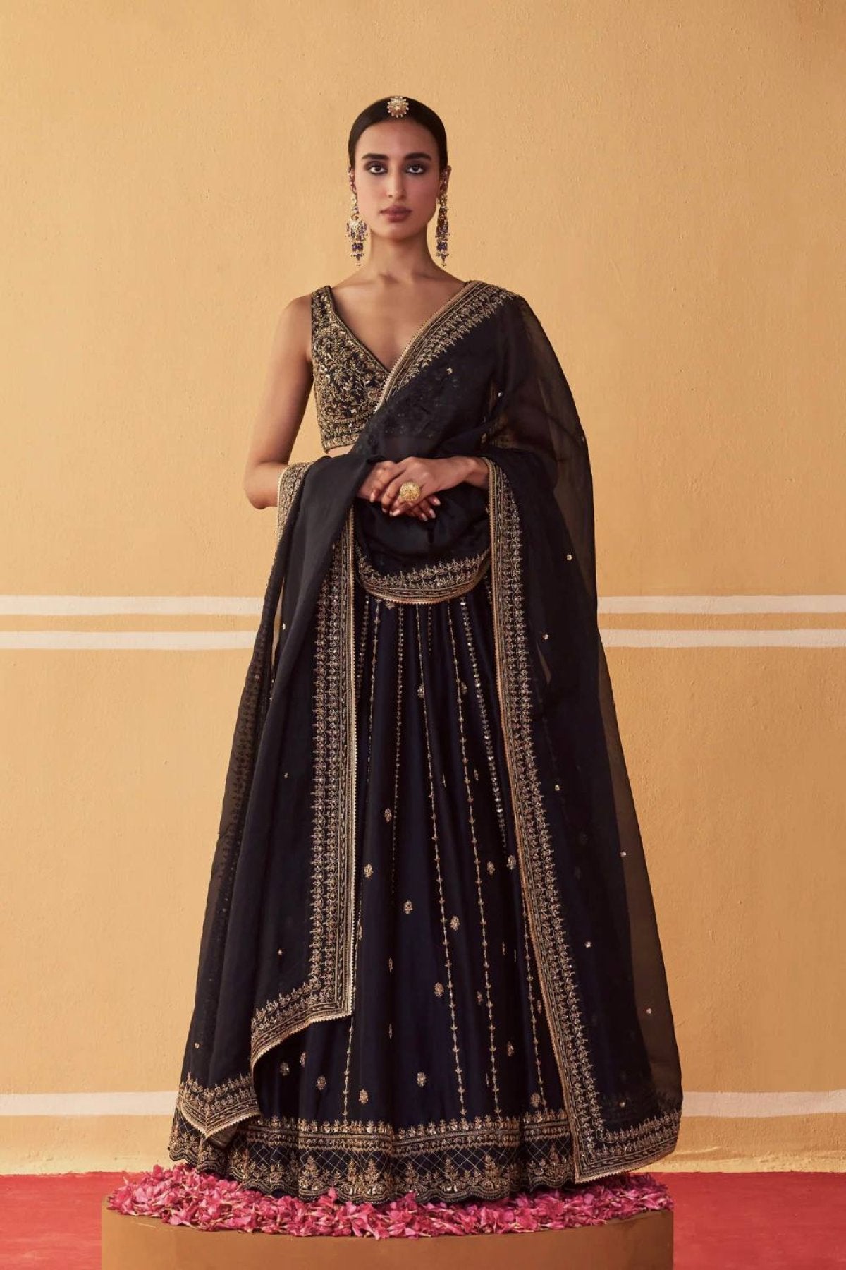 Gold Lehenga with Dupatta blouse and dupatta detail