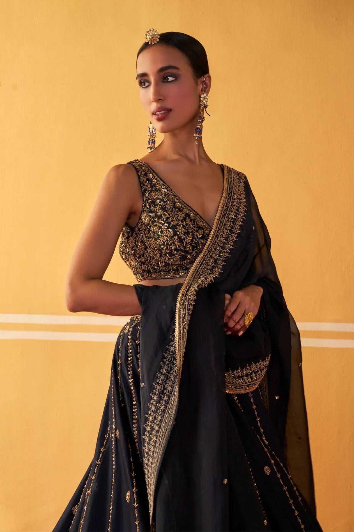 Gold Lehenga with Dupatta back view
