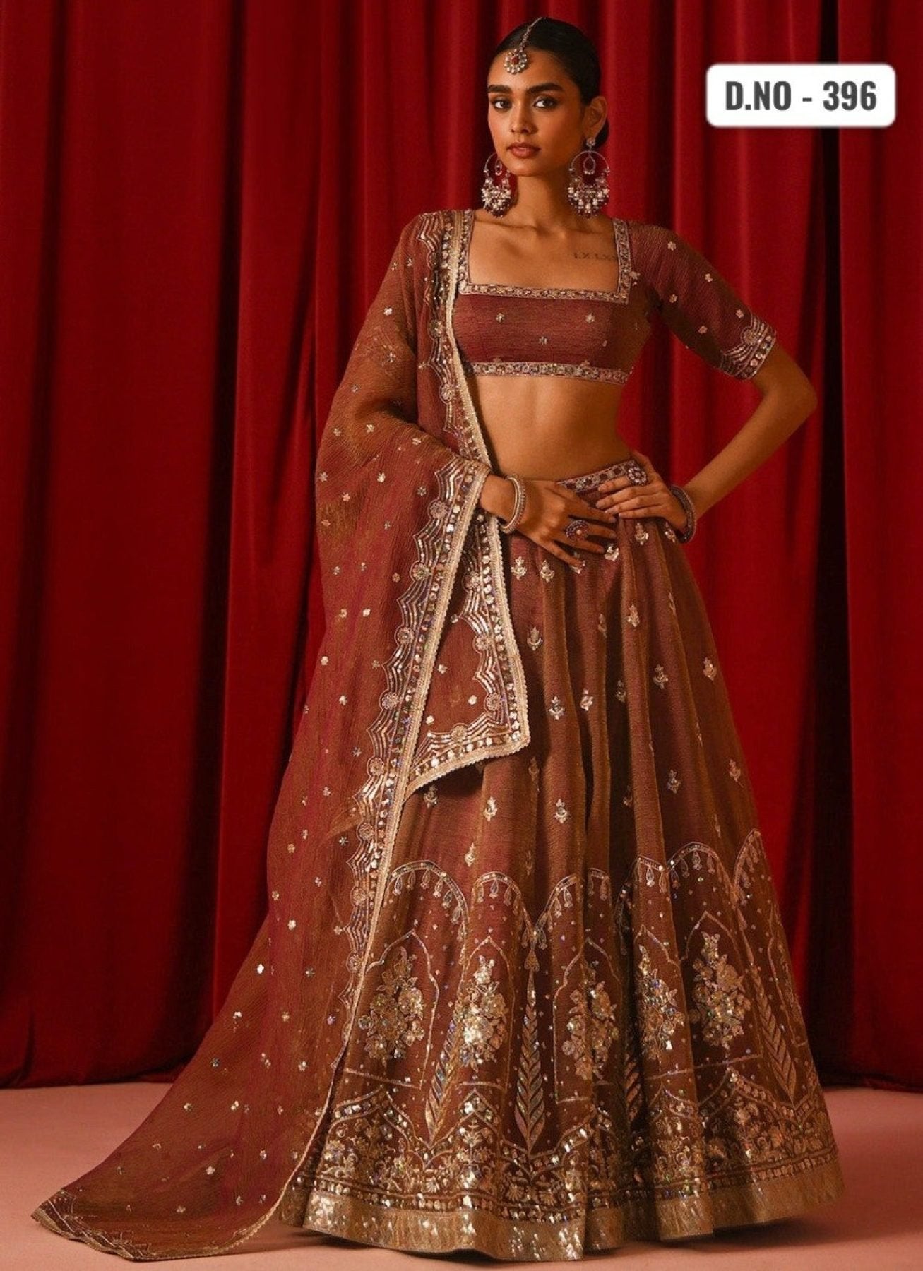 Brown Fandy Silk Lehenga Set with Zari Sequins Work and Dupatta full drape view