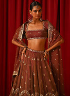 Brown Fandy Silk Lehenga Set with Zari Sequins Work and Dupatta blouse and dupatta detail