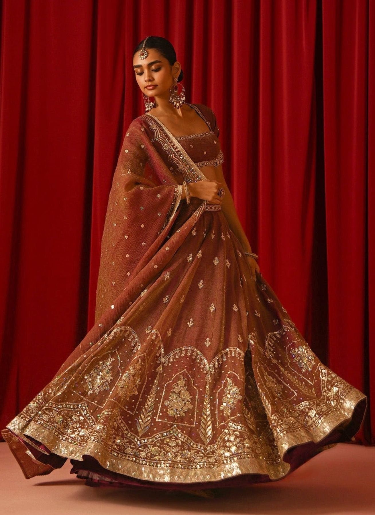 Brown Fandy Silk Lehenga Set with Zari Sequins Work and Dupatta embroidery close-up