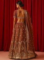 Brown Fandy Silk Lehenga Set with Zari Sequins Work and Dupatta fabric texture detail