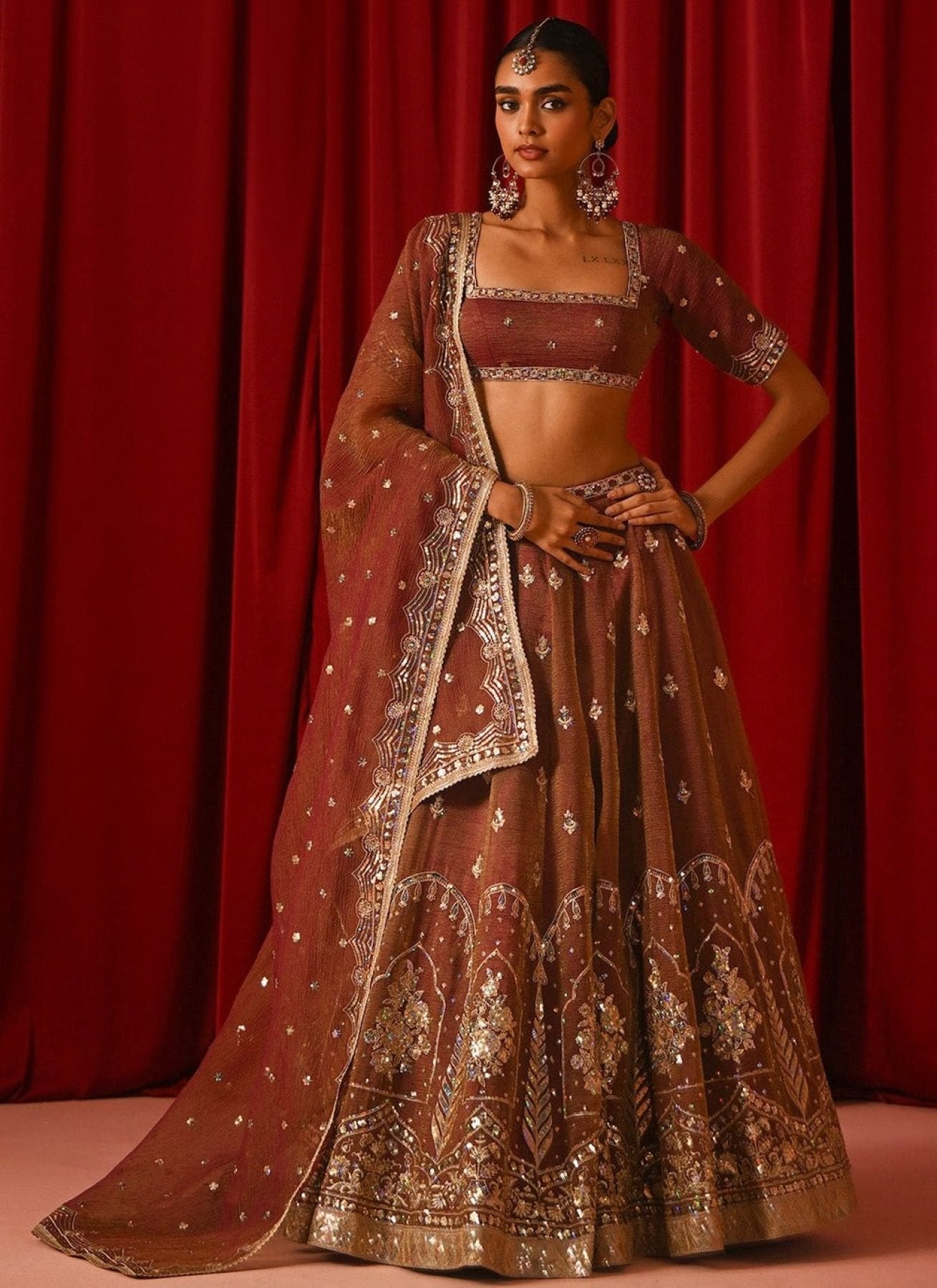 Brown Fandy Silk Lehenga Set with Zari Sequins Work and Dupatta back view