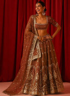 Brown Fandy Silk Lehenga Set with Zari Sequins Work and Dupatta styling view