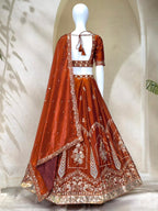 Brown Fandy Silk Lehenga Set with Zari Sequins Work and Dupatta front view