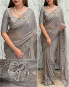 Grey Chiffon Saree - drape and pallu detail