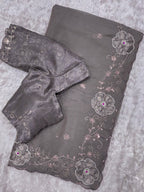Grey Chiffon Saree - blouse and border close-up