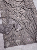 Grey Chiffon Saree - fabric texture close-up