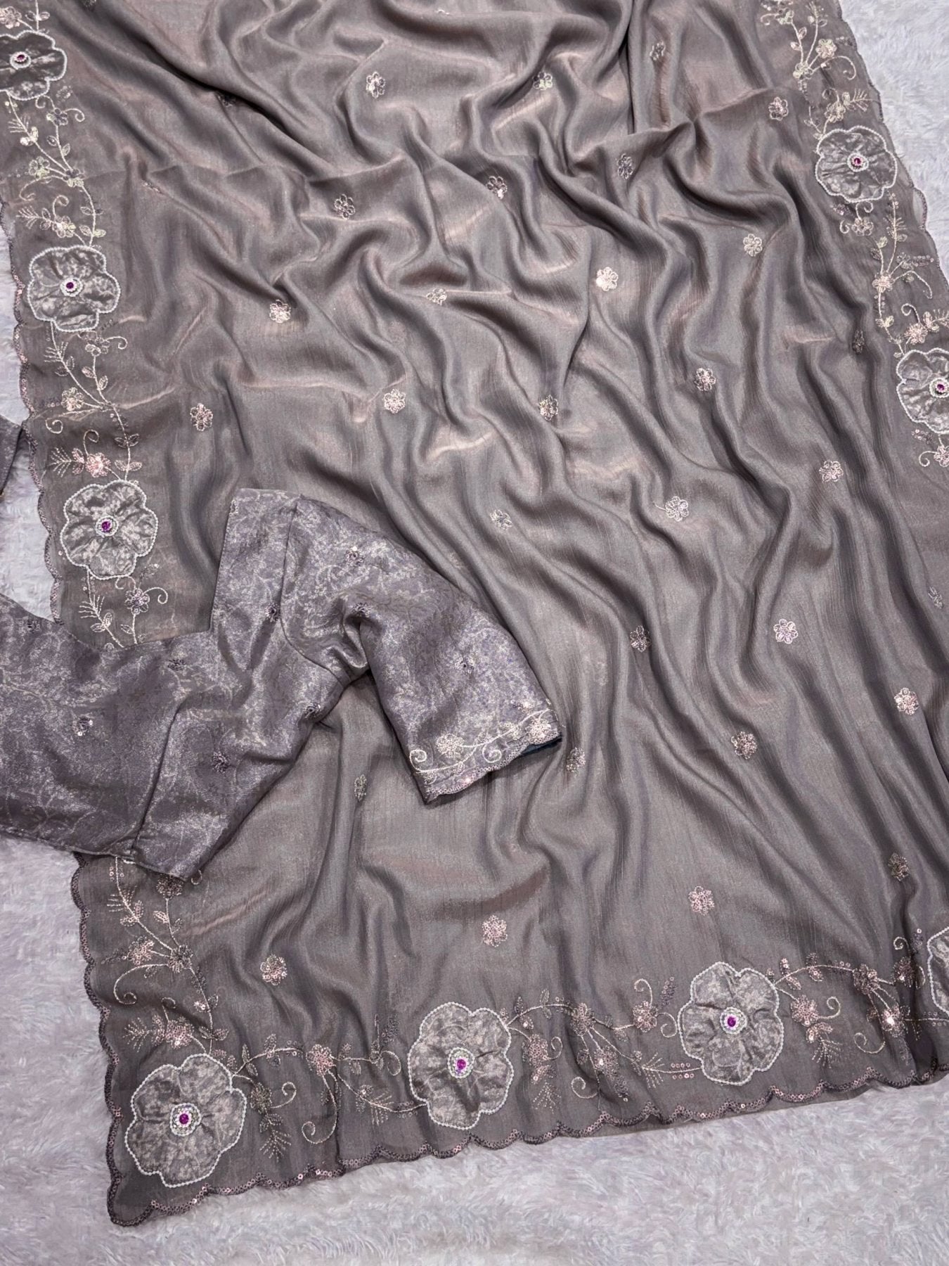 Grey Chiffon Saree - fabric texture close-up