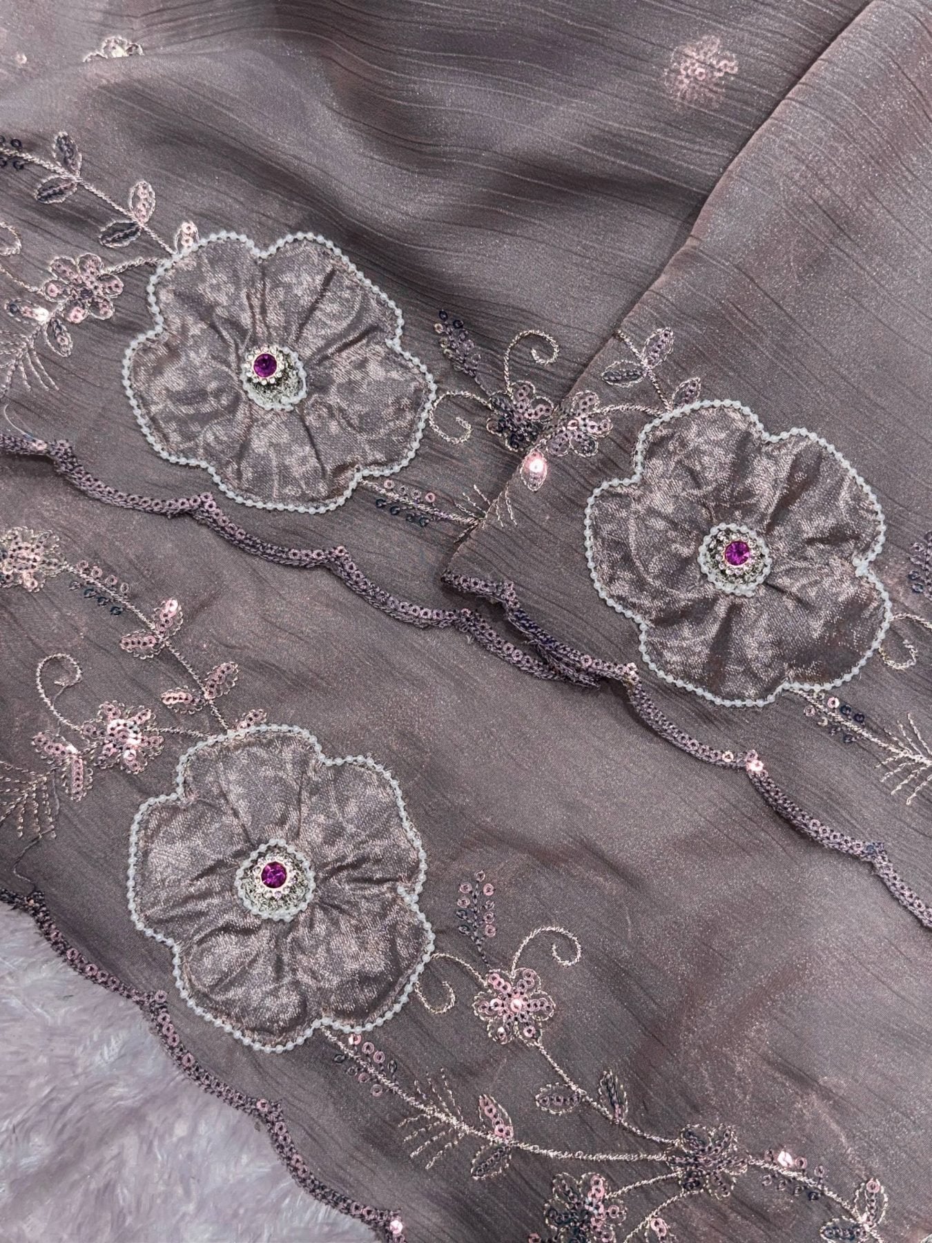 Grey Chiffon Saree - embroidery work detail